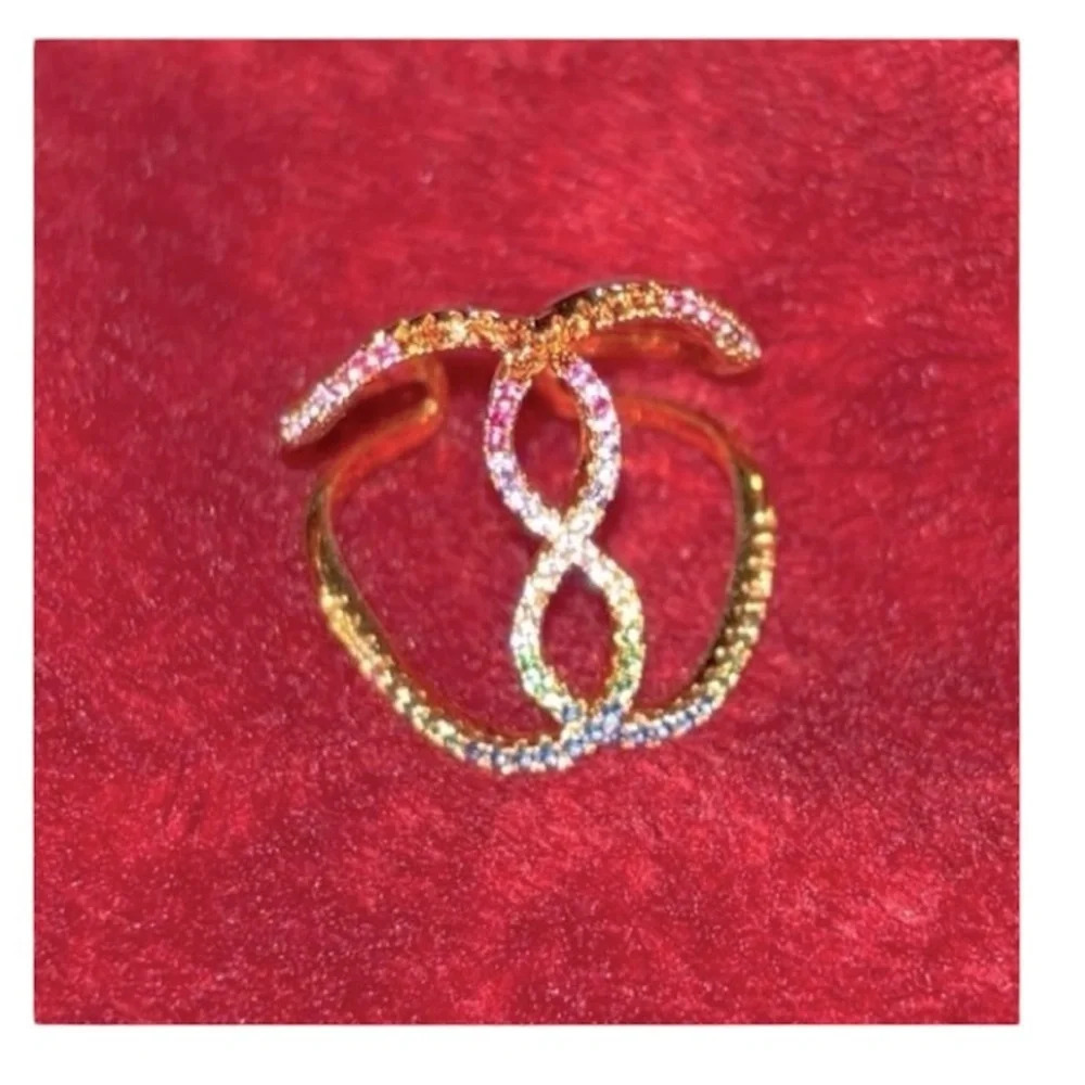 Fashion Luxe 18k Gold tone multi Rainbow crystal  cocktail ring Size 8 - Picture 12 of 13